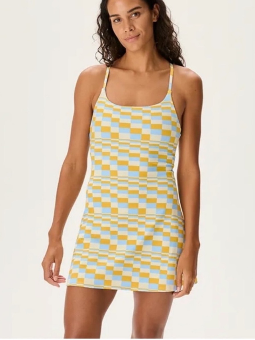 Outdoor Voices Yellow And Light Blue Checker Mini Dress